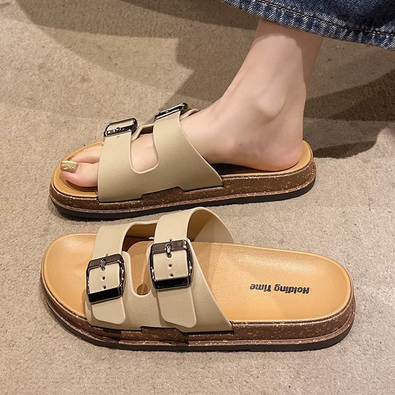 Тапочки Birkenstock для женщин, летняя верхняя одежда 2025 новый стиль, ленивые мягкая подошва, толстая подошва, плоские пляжные тапочки большого размера