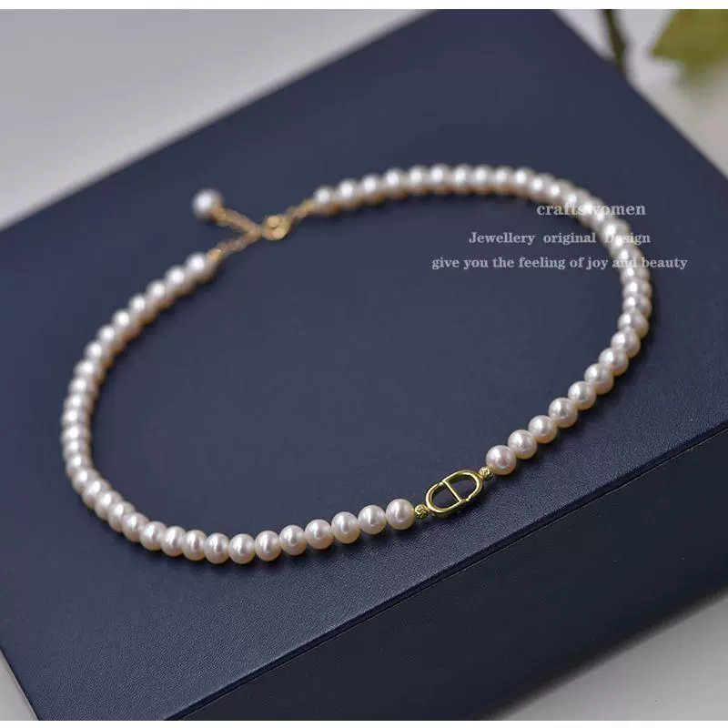 强光天然淡水珍珠项链女近正圆无暇珍珠复古锁骨链S925不掉色劲链