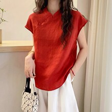 新中式盘扣棉麻衬衫女欧洲站夏装新款欧货女装时尚洋气小衫潮
