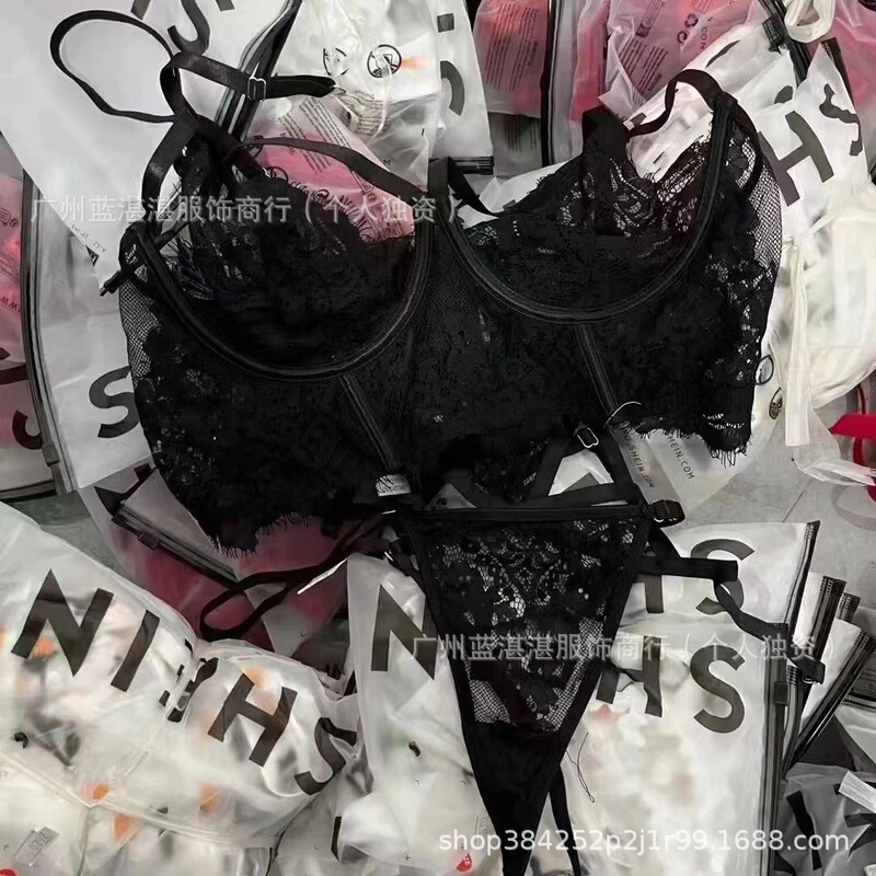 Shein Sexy Intimates Sexy Lace Temptation Three-Point Bra Panties Women's Transparent Pajamas Set Shein