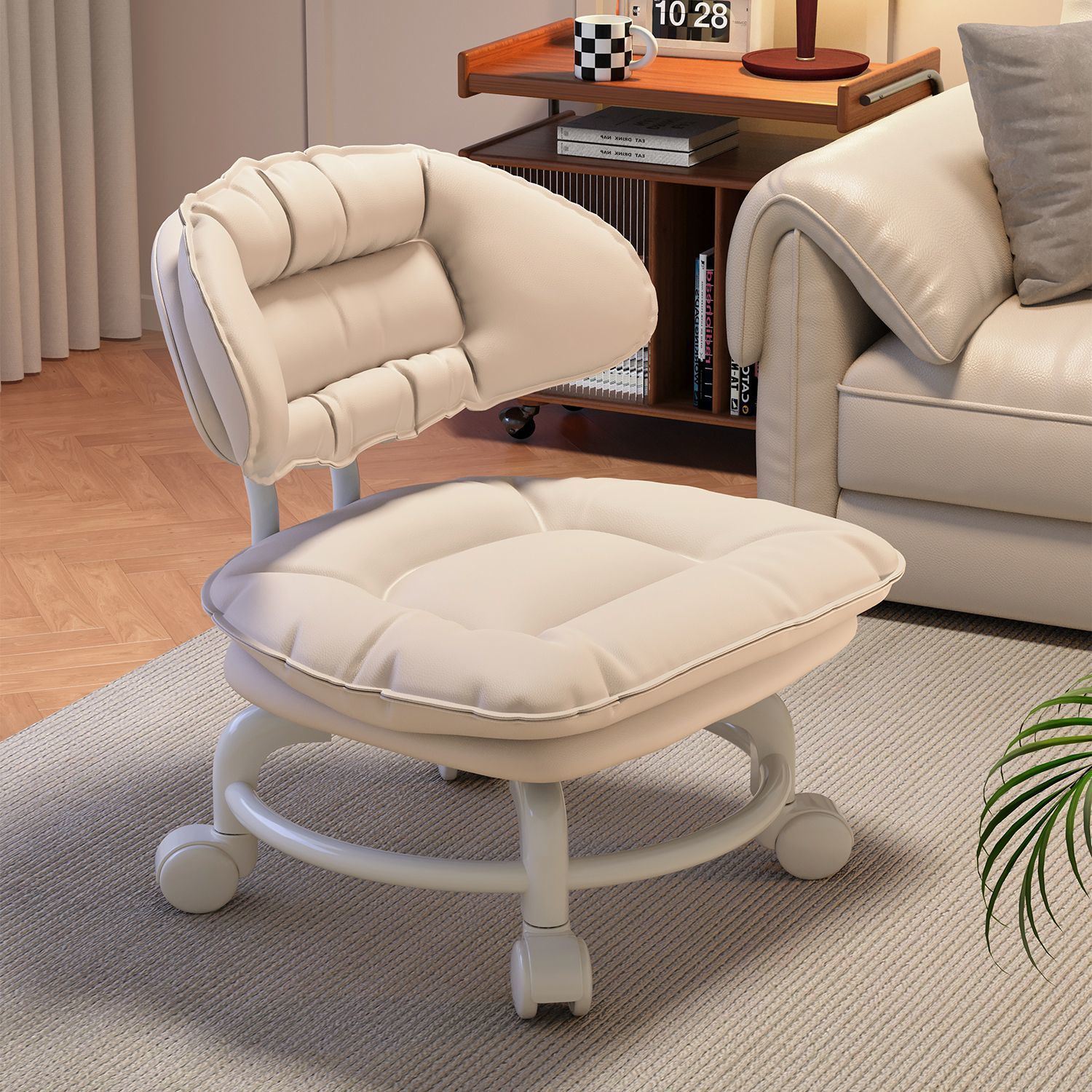 Swivel Sofa Chair with Small Stool, Soft Cushion Backrest Chair, Lazy Sofa Chair, Multifunctional Shoe-Changing Chair with Wheels, Low Stool