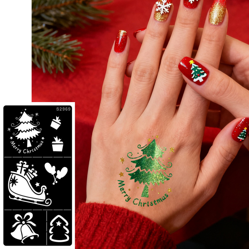 Christmas Themed Tattoo Stencil Stickers Hollow-Out Henna Painting Templates for Children's Holiday Parties Body Painting