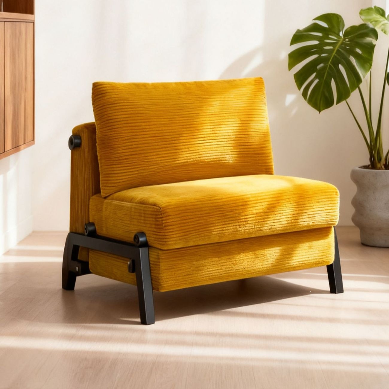 Trendy sofa bed for small apartments, living room, or study; a versatile, foldable, and pull-out sofa with a corduroy fabric and a retro design
