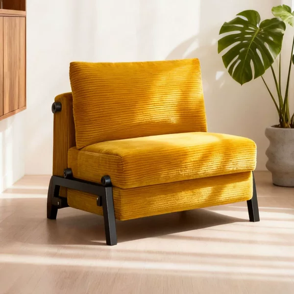 Trendy sofa bed for small apartments, living room, or study; a versatile, foldable, and pull-out sofa with a corduroy fabric and a retro design
