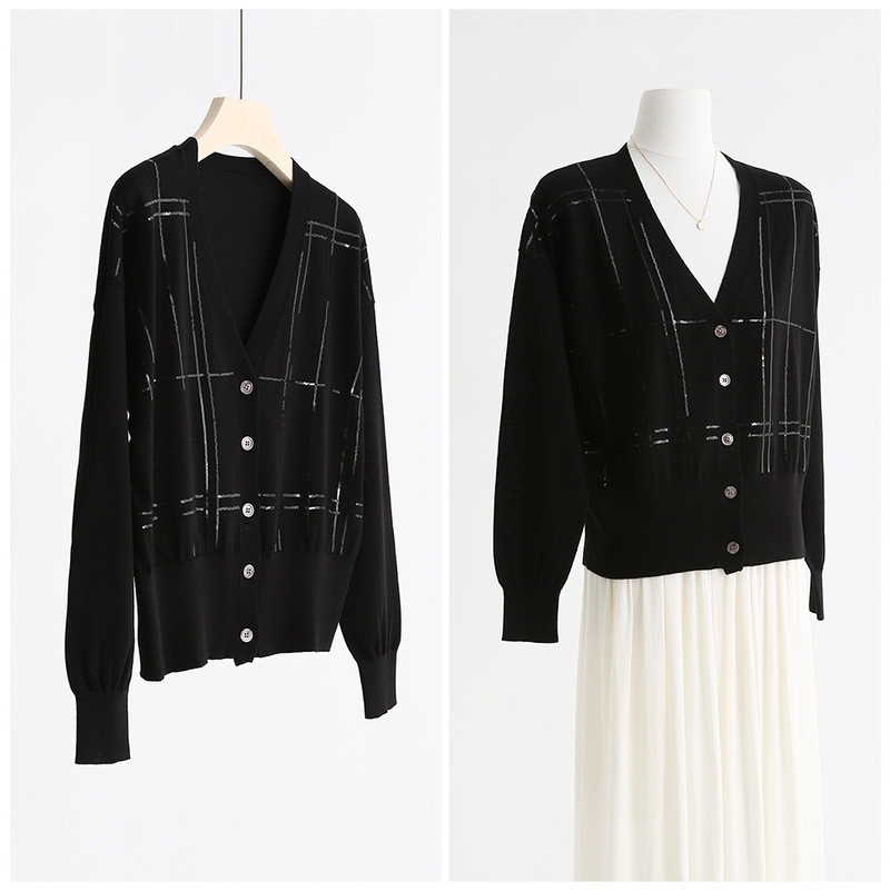Light Luxury BC Embroidered Sequin Tencel Wool V-Neck Long Sleeve Knitted Cardigan Air-conditioning Shirt Jacket Women's Top 5206