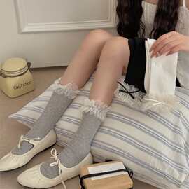 日系甜美网纱蝴蝶结花边袜棉竖条堆堆袜洛丽塔少女软妹学生中筒袜