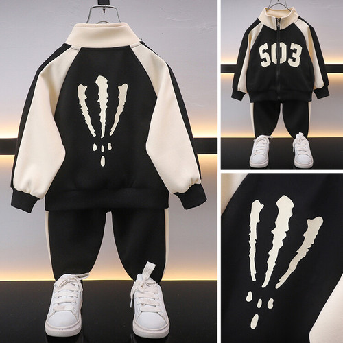 Boys Paw Print Set  Spring and Autumn New Children's Zipper Jacket Two-piece Set Trendy and Cool Clothes for Small and Medium-sized Children