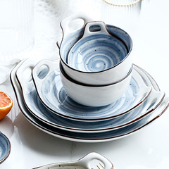 Japanese tableware plate home ceramic dinner plate creative hand-painted swirl pattern double ear plate fish plate underglaze color dish