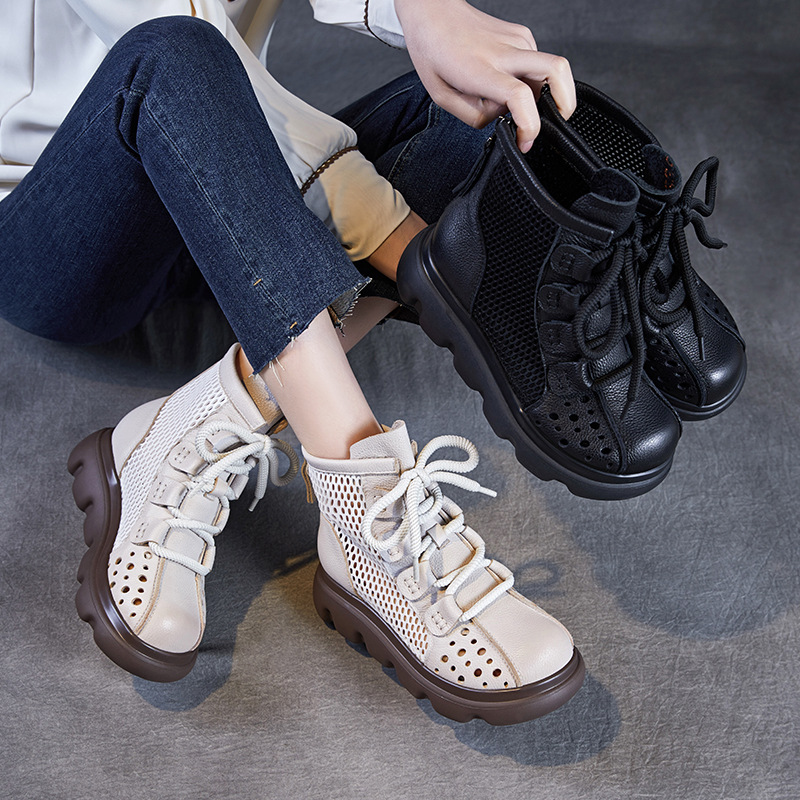 真皮马丁靴女2025夏季新款网面透气薄款短靴厚底网纱镂空罗马凉靴