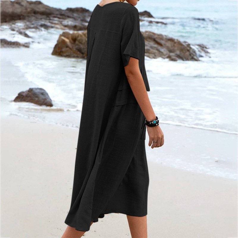 Robe d'été décontractée pour femme, coupe ample, col rond, manches courtes, longueur mi-longue, en coton et lin, couleur unie_voghion.com
