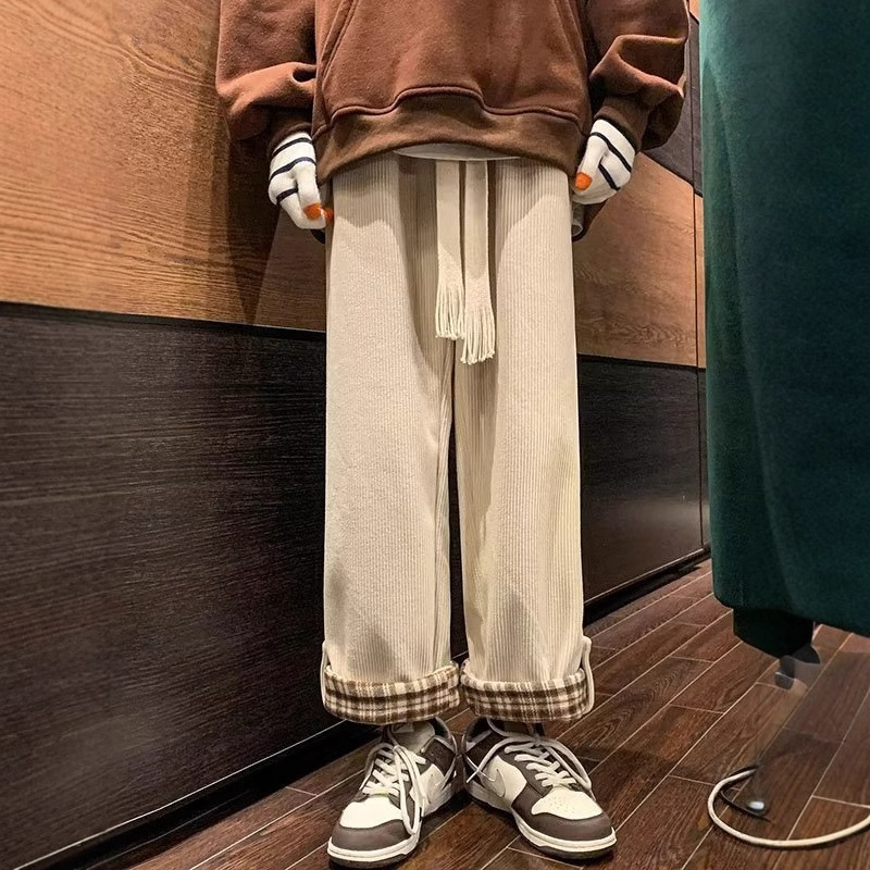 New library bottom turn-up plaid corduroy pants for lovers Korean style relaxed-fit casual straight wide-leg pants