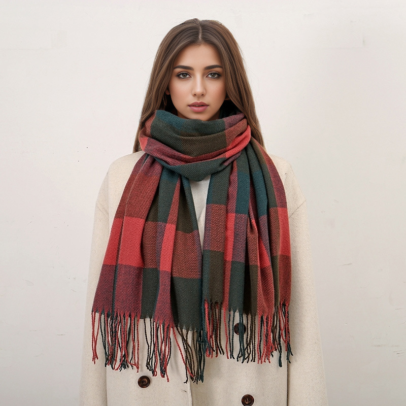 高级感彩色格子百搭仿羊绒围巾女士秋冬季加厚保暖防寒披肩围脖