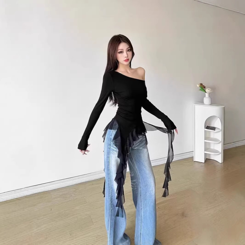 Factory In-Stock Asymmetrical Shoulder Slim-Fit Long-Sleeve T-Shirt for Women with Ruffle Trim, Versatile Irregular Design, Spicy Girl Style, Pure Desire Top