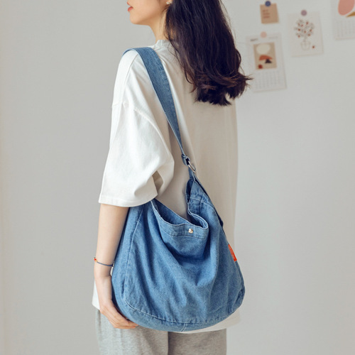 Minimalist denim bag for women, single-shoulder backpack, large capacity, Japanese-style crossbody bag, Korean-style cloth bag, school canvas tote bag