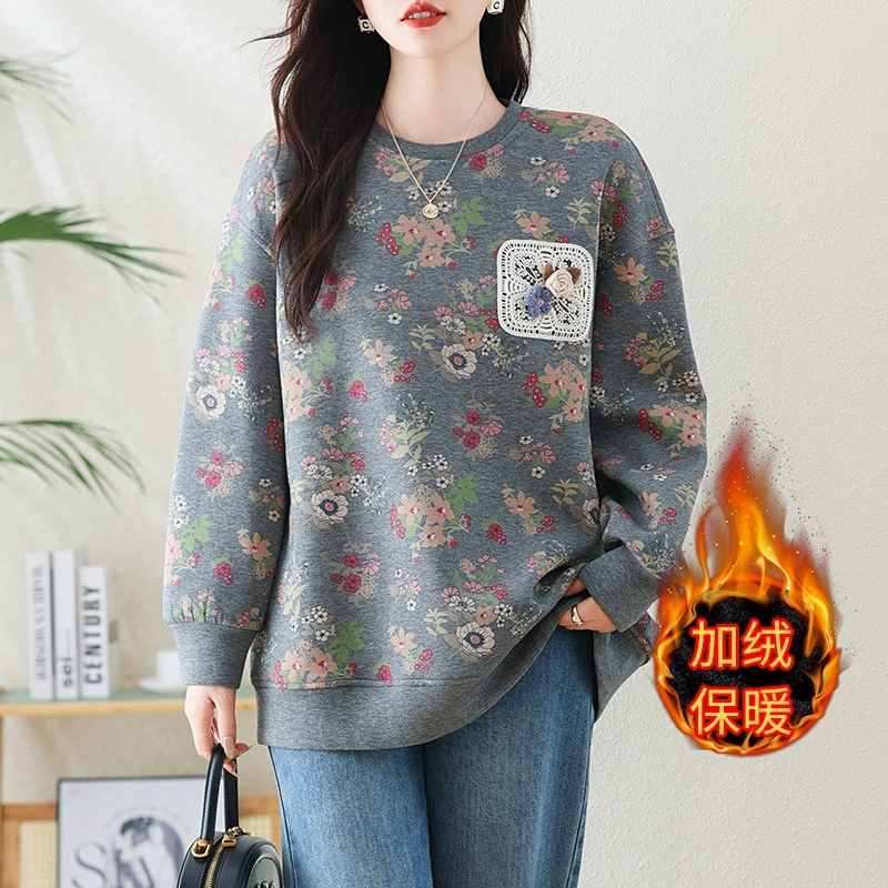 Женская толстовка больших размеров с цветочным принтом для осени и зимы, молодежный и универсальный стиль, с длинными рукавами и эффектом стройности.