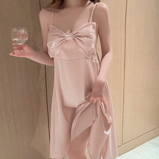 Cross-border Romantic Fashion Bow Design Ice Silk Sling Nightgown Women's Outwear High-end Elegant Home Clothes for Hair