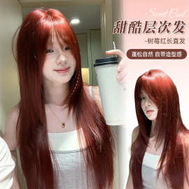 假发女长直发树莓红网红自然齐刘海高层次直发新款全头套式假发套