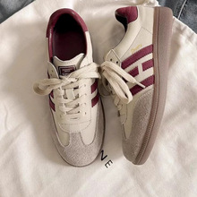 新款树莓熊平底经典德训鞋女真皮拼色复古三条杠休闲运动阿甘鞋女