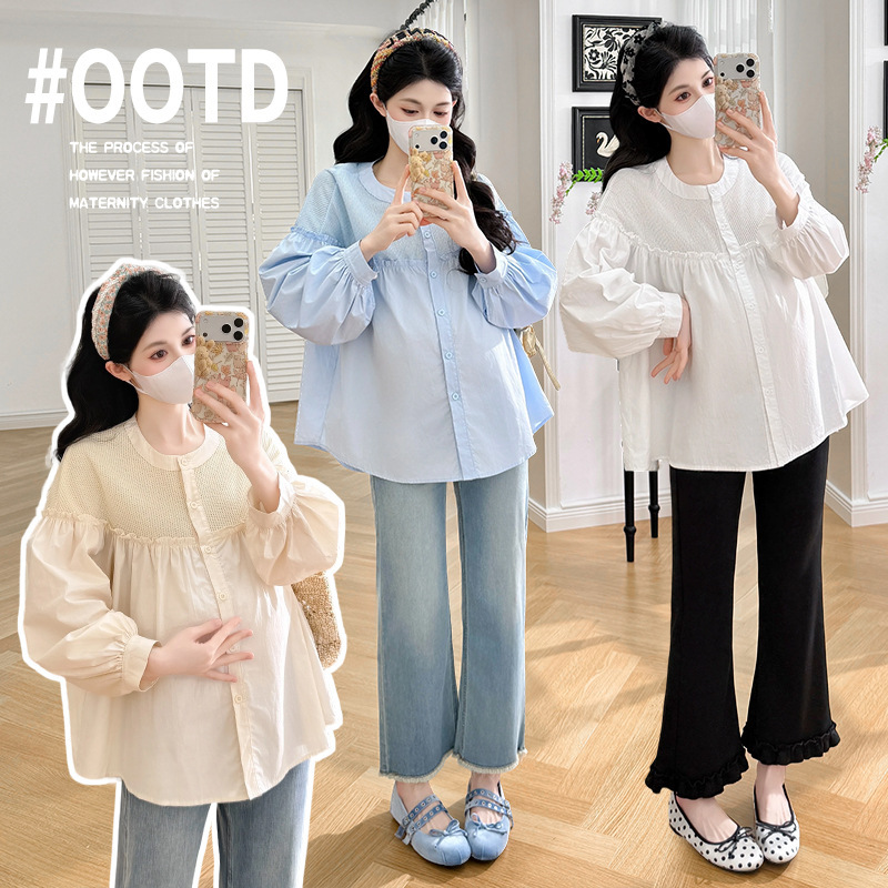 Maternity Wear, Spring Fashion, Fresh and Simple, Solid Color Long-Sleeved Shirts, Loose Casual Tops, Spring Pregnancy Shirts
