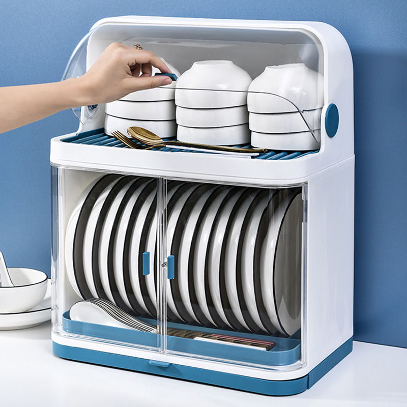 Household sterilized dish rack, bowl and chopsticks storage box with cover, dish rack for tableware, double-layer storage rack, plastic drain cupboard