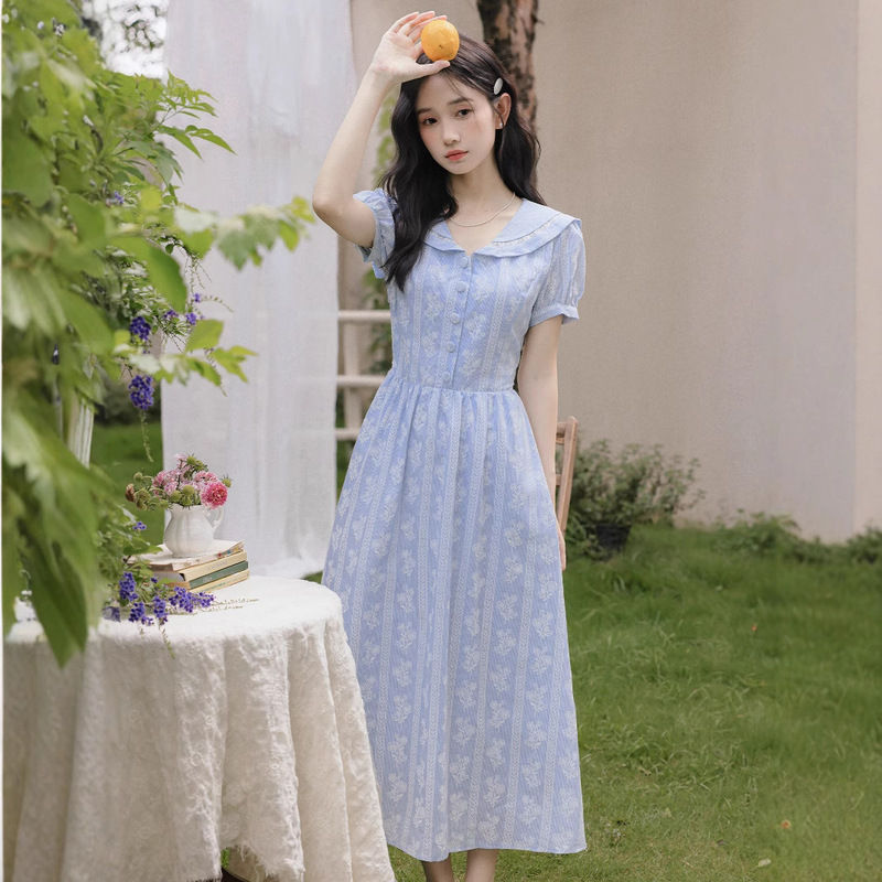 2025 New Summer Style French Sweet Navy Collar Puff Sleeve Printed Embroidered Small Fresh Short-Sleeved Dress for Women