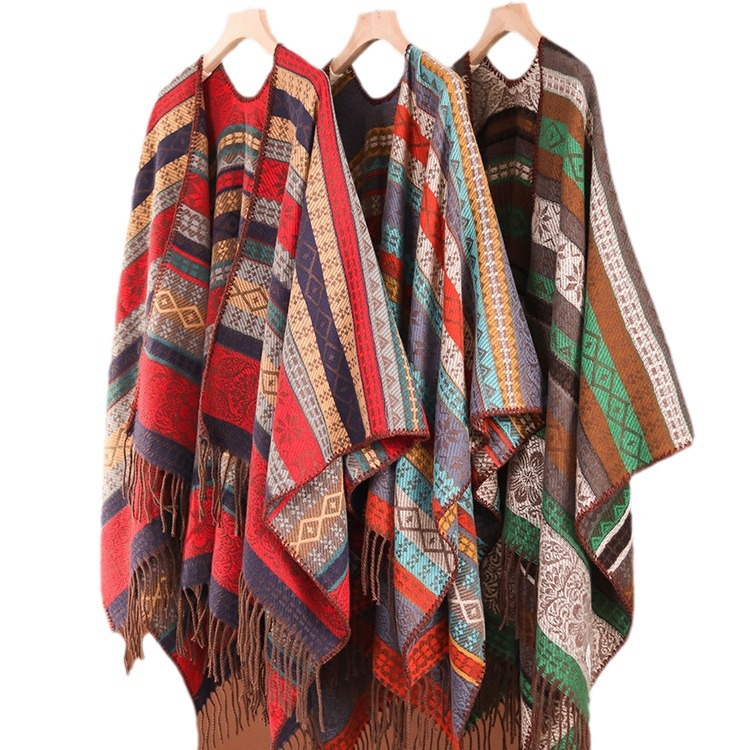 Σάλι με φούντα και έθνικ χρωματικές εναλλαγές, ρίγες σε αντίθεση, σε στυλ ταξιδιού, με απαλή κουβέρτα για εξωτερικούς χώρους_voghion.com