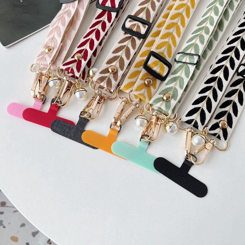 Cordón para teléfono móvil bordado hoja de ratán largo bandolera colgante cuello colgante ajustable con colgante de perlas fuerte y duradero