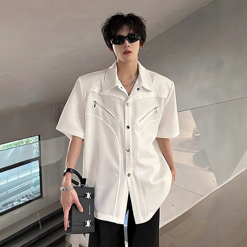 Short-Sleeved Shirt with Shoulder Pad Design, Men's Stylish and Cool Fashion, Hairstylist Trendy Brand, Male Model Outfit, Shirt Jacket Short-Sleeved Shirt with Shoulder Pad Design, Men's Stylish and Cool Fashion, Hairstylist Trendy Brand, Male Model Outfit, Shirt Jacket