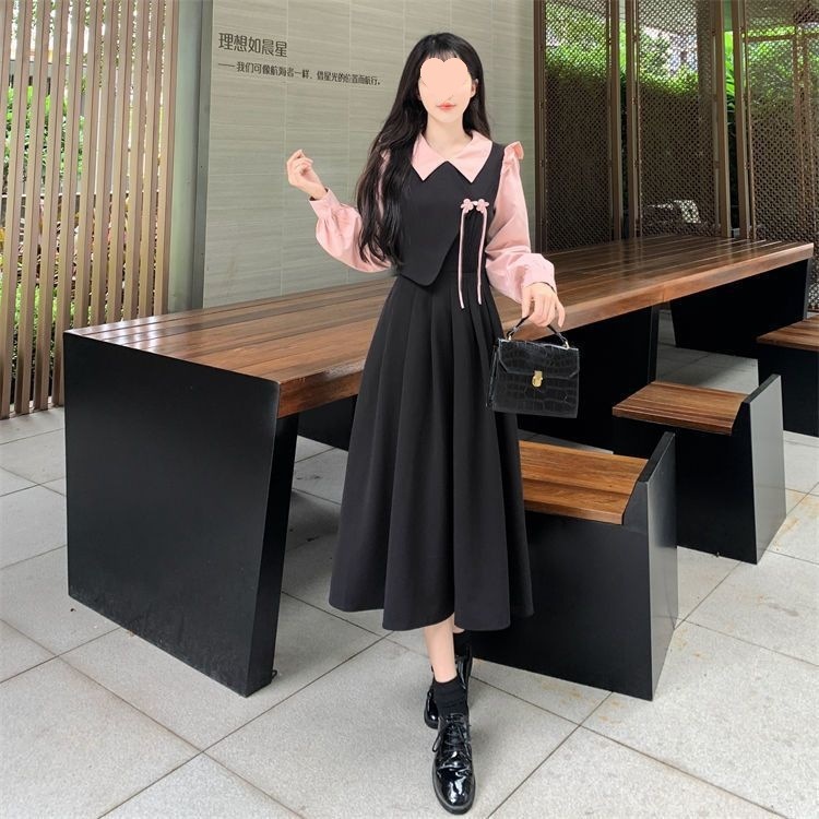 大码法式两件女装秋冬新款甜美拼接连衣裙mm200斤遮肚显气质裙子|undefined