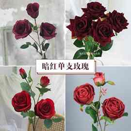 新款深红色系假花婚庆拍摄地花排婚庆玫瑰花布置暗红单支玫瑰假花