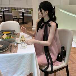新款法式温柔风ins宽松系带连衣裙无袖甜美生日海边度假裙子