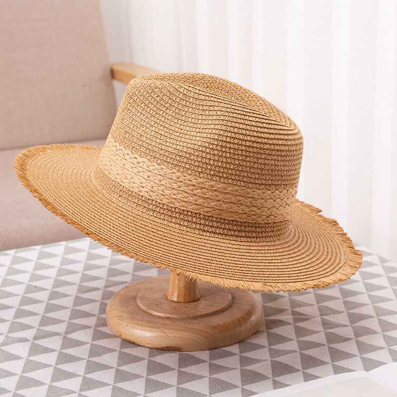 Hat Women's Summer Retro Color-Blocked Straw Hat Raw Edge Sun Protection Sun Hat Korean Style Women's Wide Flat Brim Hat Jazz Top Hat