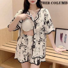 清仓自带胸垫一体睡衣女夏季新款开衫短袖短裤卡通猫咪家居服套装
