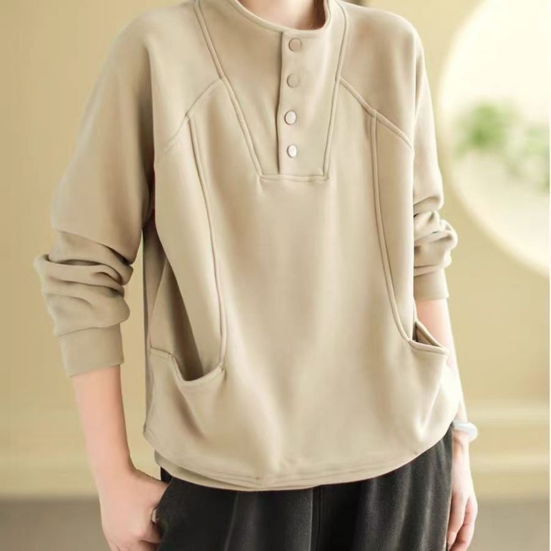 New Velvet Half-high Collar Button Warm Sweater Women's Loose Korean Style Meat Covering All-match Design Sense Pocket Stitching