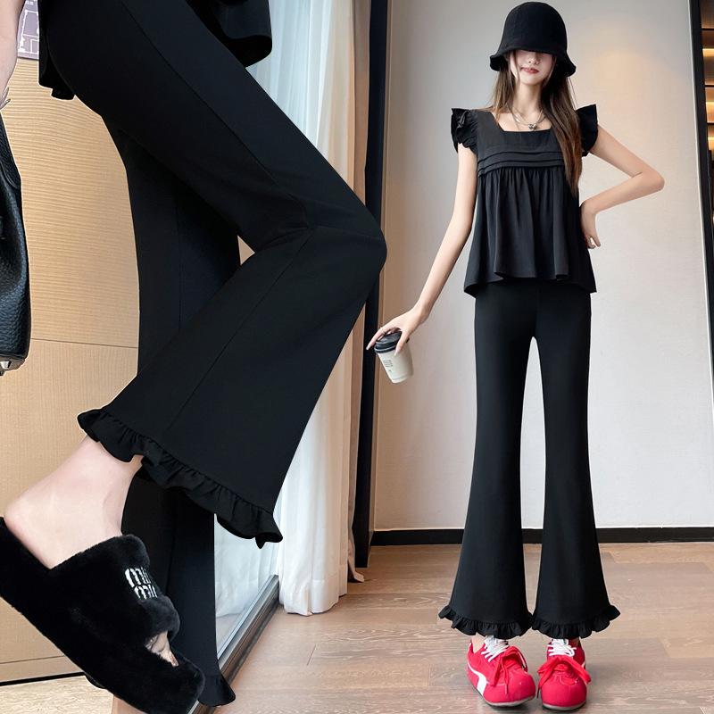 Black Flared Pants with Ruffled Edges for Women, 2025 New Summer Thin High-Waisted Slimming Casual Cropped Suit Flared Pants