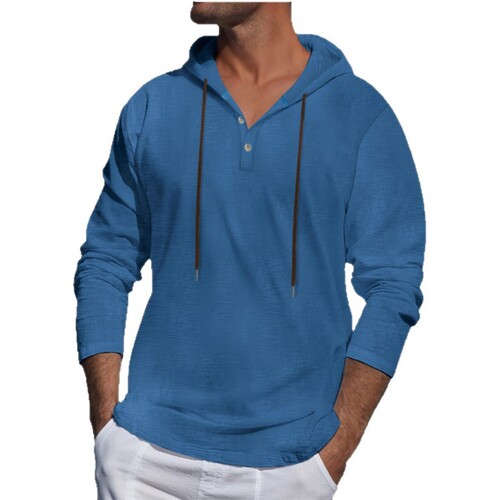 New Spring/Summer Men's Hoodie T-Shirt—Solid Color, Long Sleeve, Cotton-Linen, Simple & Casual Shirt – Europe and US Style