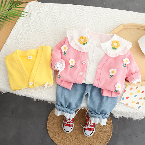 Baby spring and autumn clothing  new girls sweet cardigan three-piece set for small and medium-sized children casual children's suit hair
