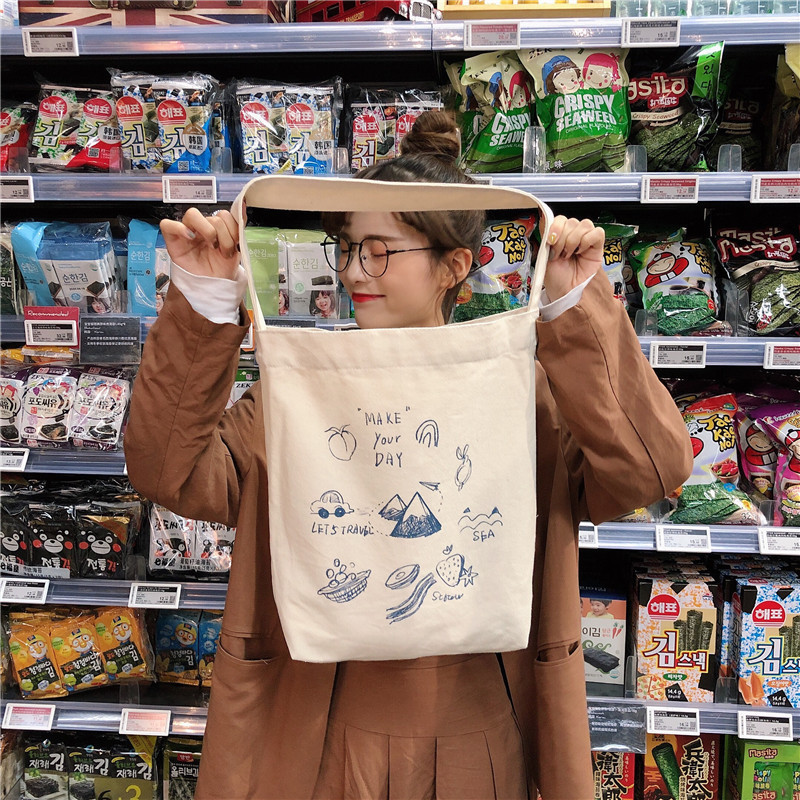99304 ins single-shoulder hand-carry canvas bag, cute cartoon illustration tote bag for girls, student trend undefined