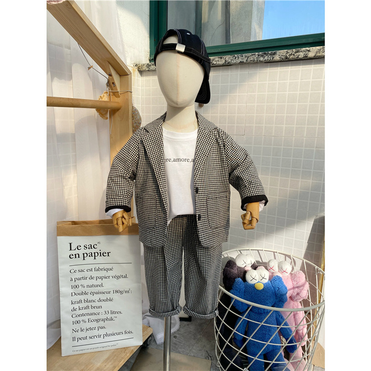 2024 tidig vår Koreansk klädsel Nya barnkläder för pojkar höstrutig kostym, byxor, kostym tvådelat set trendigt_voghion.com