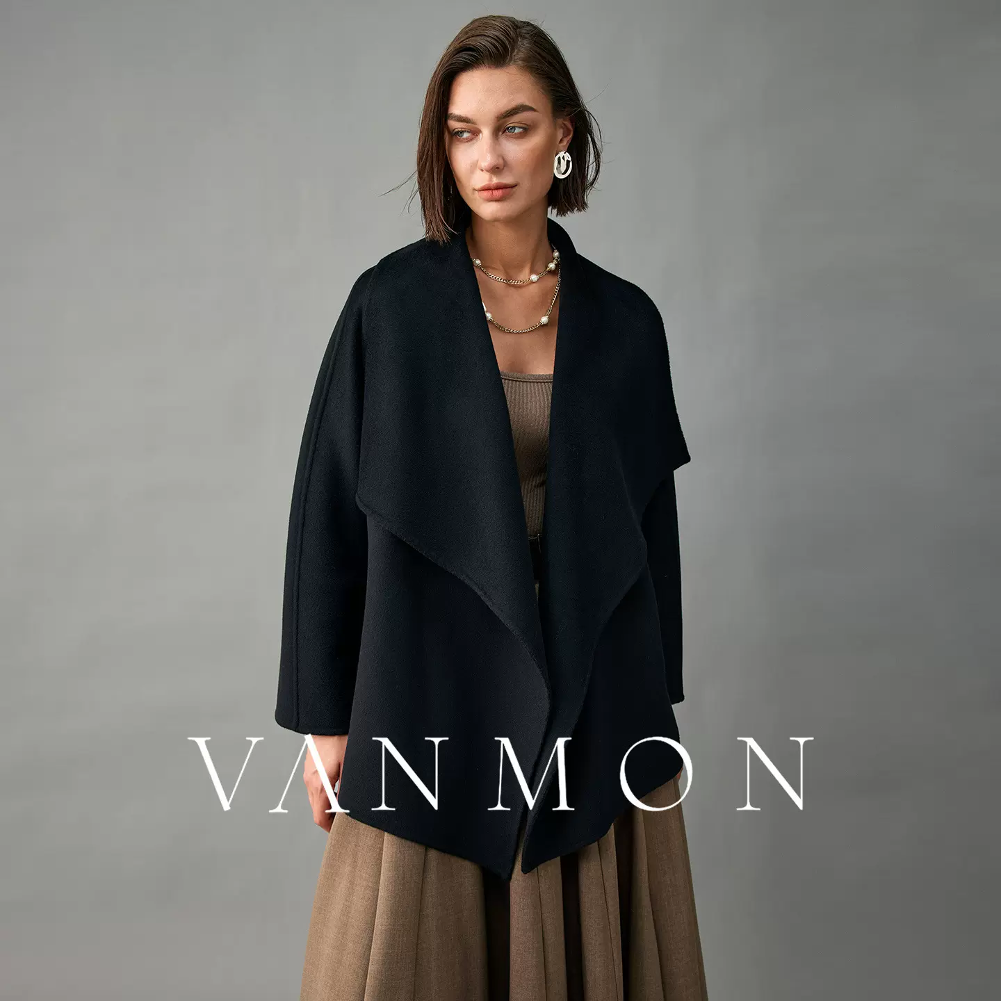 2025秋冬季大翻领100纯山羊绒短款双面呢大衣女百搭系带外套上衣