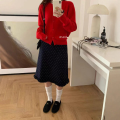 韩系甜美百搭波点印花中长款半身裙