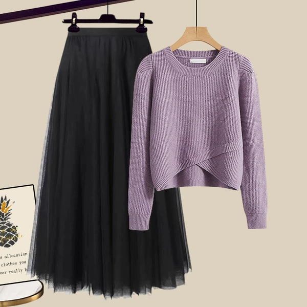 Purple sweater, black skirt, set
