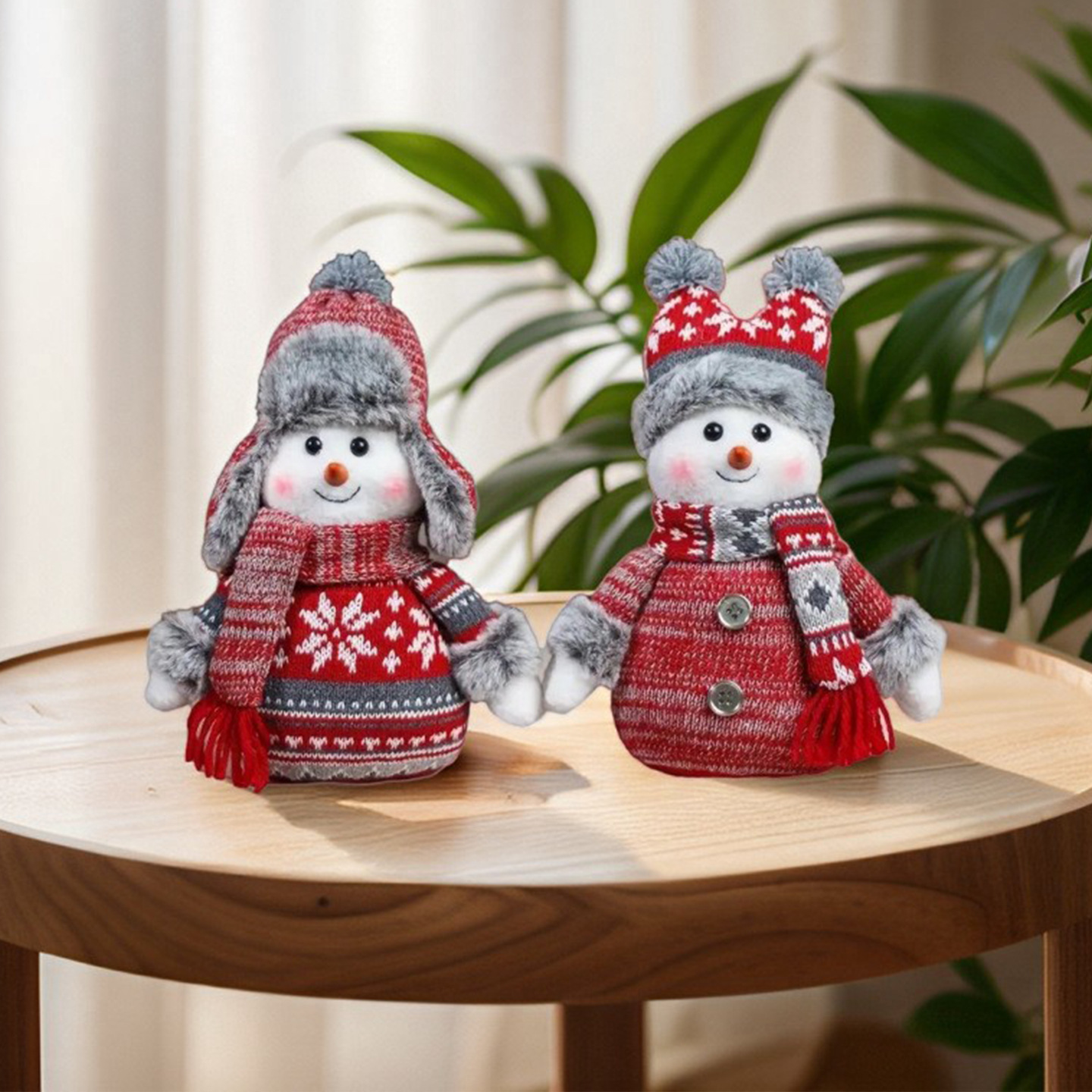 Christmas Snowman Plush Doll – Handmade Knit Fabric, Festive Tabletop Decor For Home/Shop Window (Set Of 2 Styles: Elf Hat & Fur Cap)_voghion.com