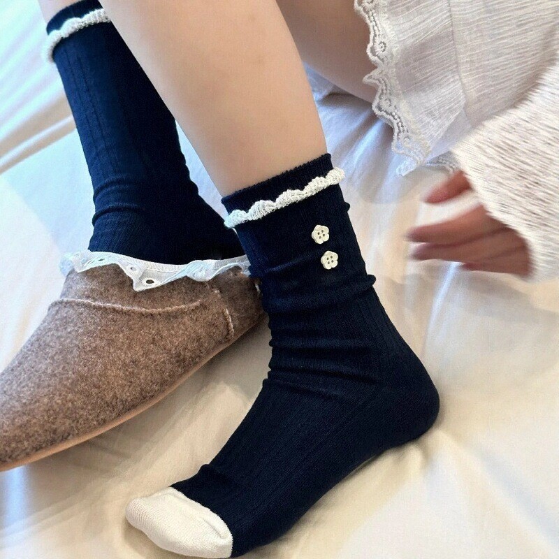 藏青色袜子女秋冬纯棉蝴蝶结堆堆袜格子花边中筒袜日系扣子饰品袜|undefined