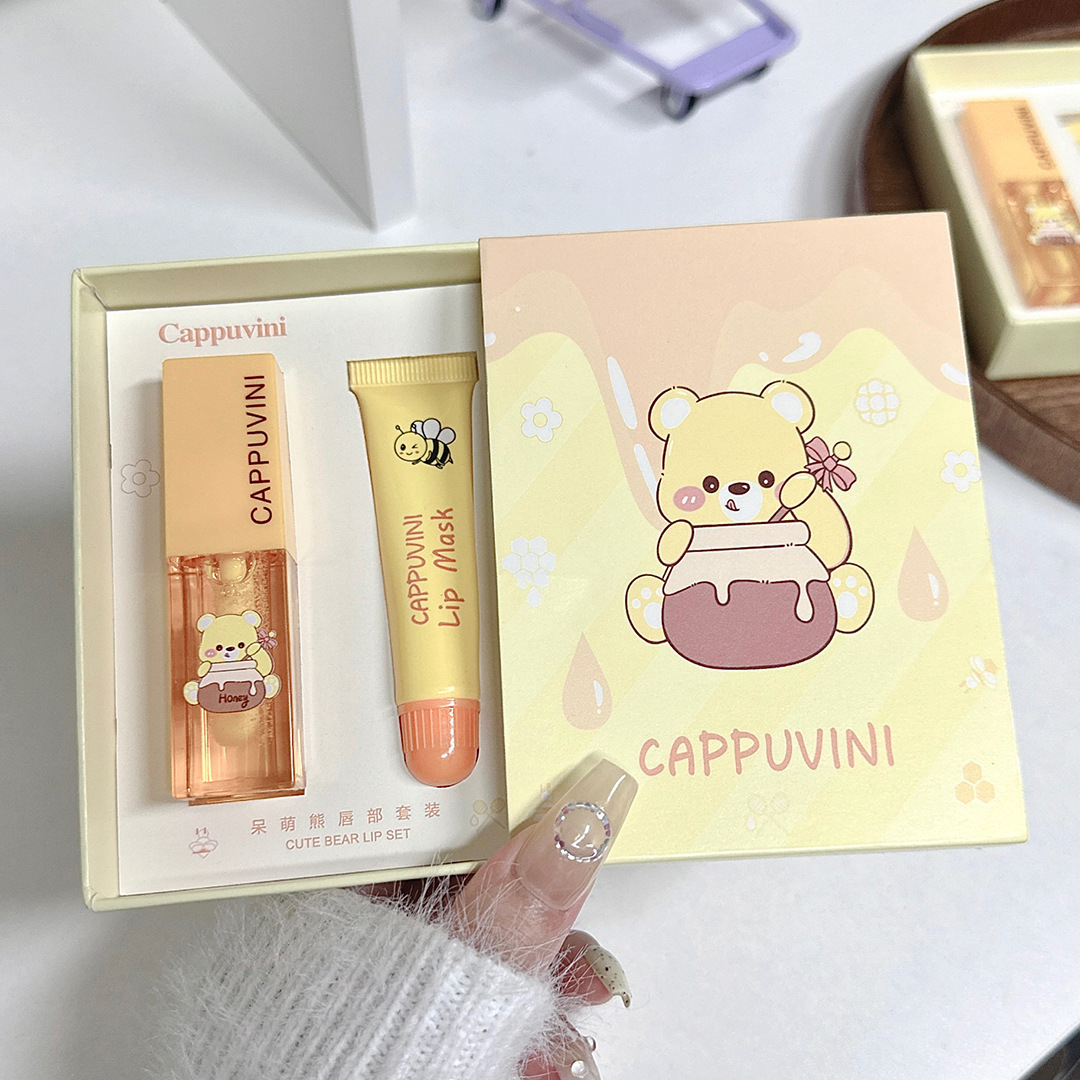 Cappuvini dulce dulce oso miel labial aceite humectante lápiz labial base anti-agrietamiento máscara labial set de miel labial mujer image 7