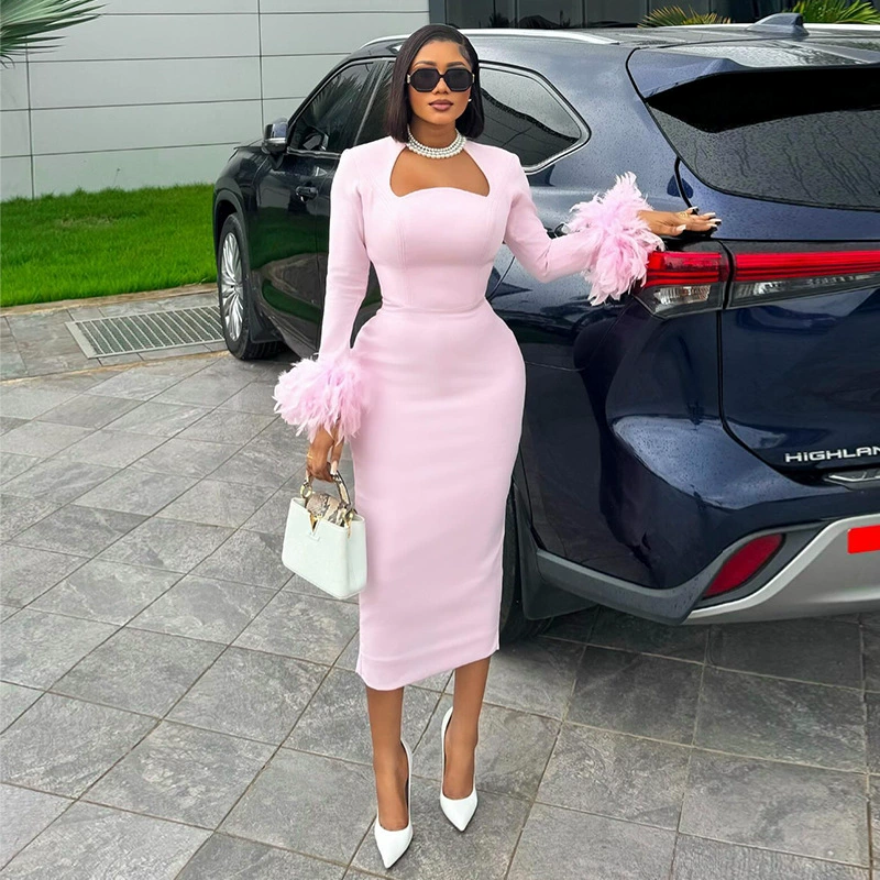 Европейская и американская женская одежда 2024 осенью новый сладкий и свежий квадратный воротник с длинными рукавами перья декоративные тонкие платья с высокой талией