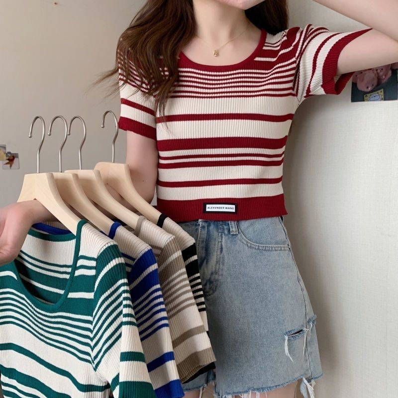 Niche Western-style Short Shoulder Top All-match Striped Crewneck Sweater Women's Summer Thin Short-sleeved T-shirt Women's Ins Niche Western-style Short Shoulder Top All-match Striped Crewneck Sweater Women's Summer Thin Short-sleeved T-shirt Women's Ins