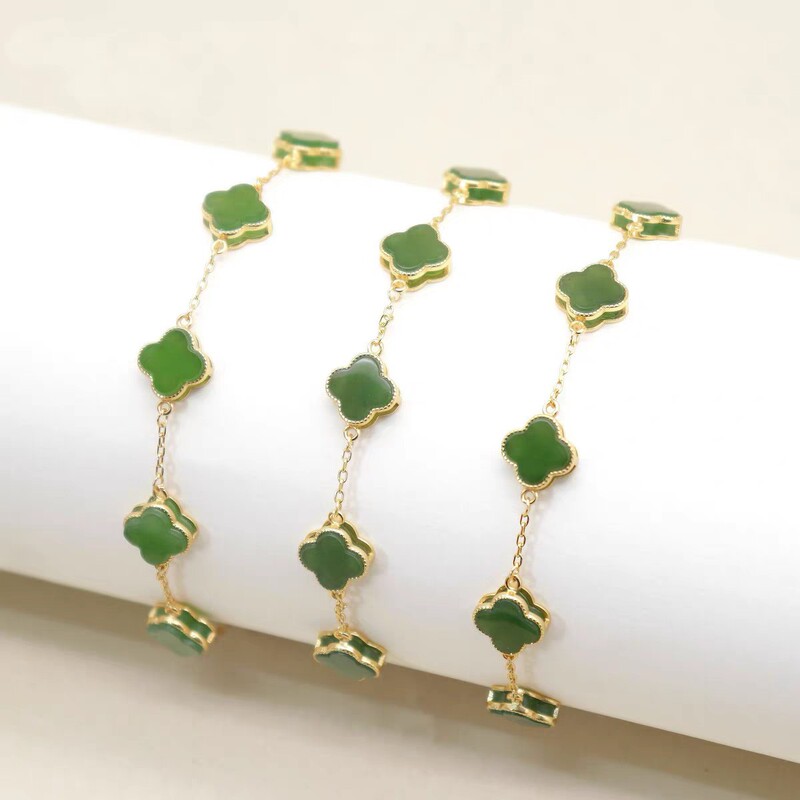 S925 Silver Inlaid with Natural Hetian Jade Lucky Clover Bracelet, Fashionable and Exquisite Women's Jewelry, Four-Leaf Clover Commuting Jade