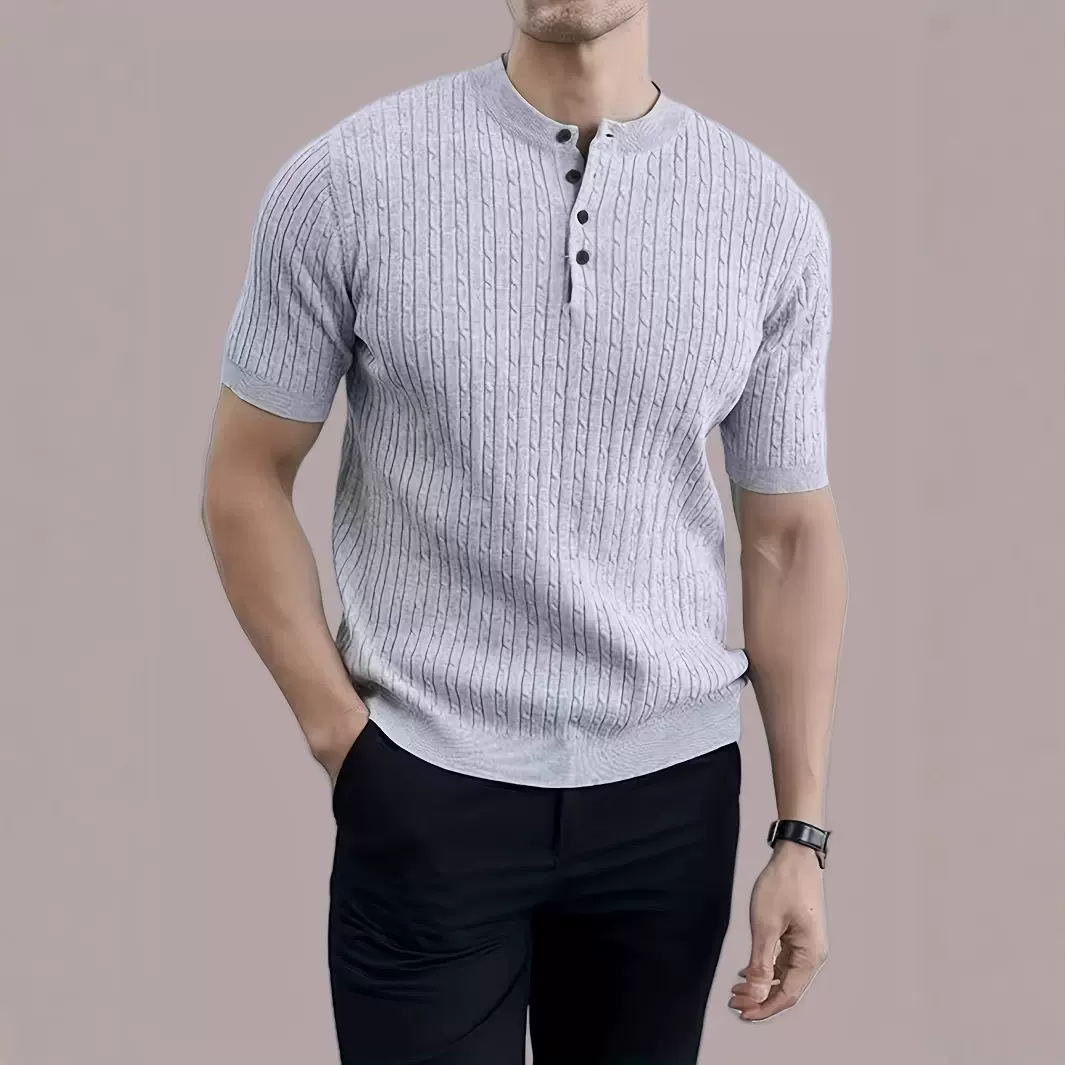 欧美新款简约修身圆领高级感休闲针织衫男士短袖polo衫纯色T恤潮