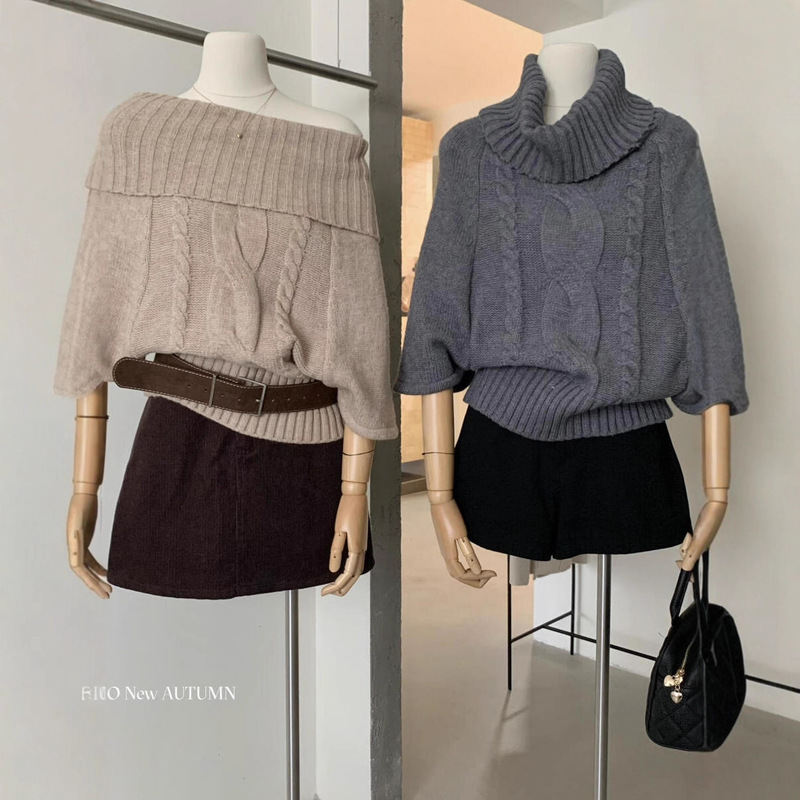 Early Autumn Vibe High-Neck Cable-Knit Batwing Sleeve Lazy Cape Warm Sweater Early Autumn Vibe High-Neck Cable-Knit Batwing Sleeve Lazy Cape Warm Sweater